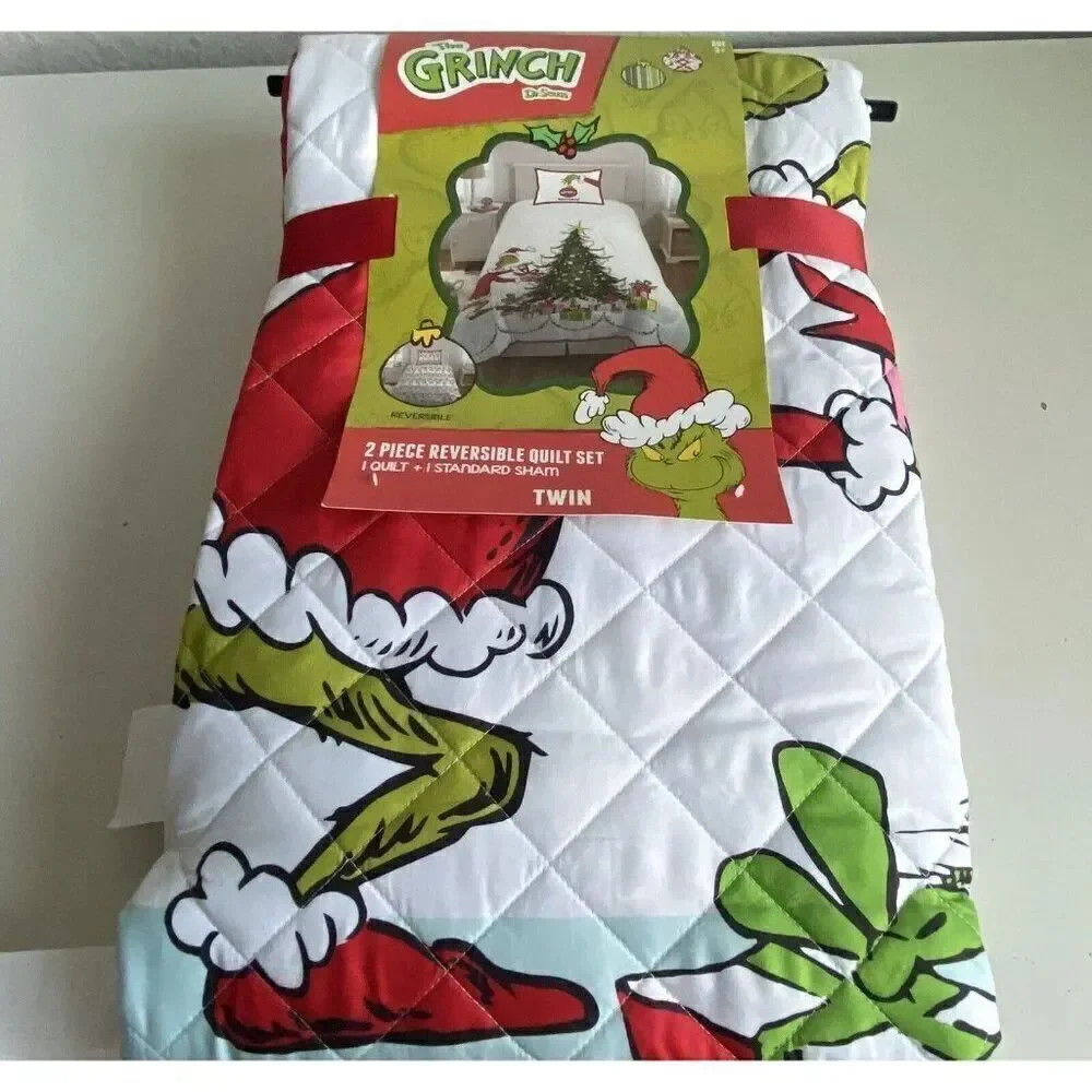 2 Piece Dr Seuss The Grinch Quilt Set TWIN Size Reversible Bedding Christmas NEW